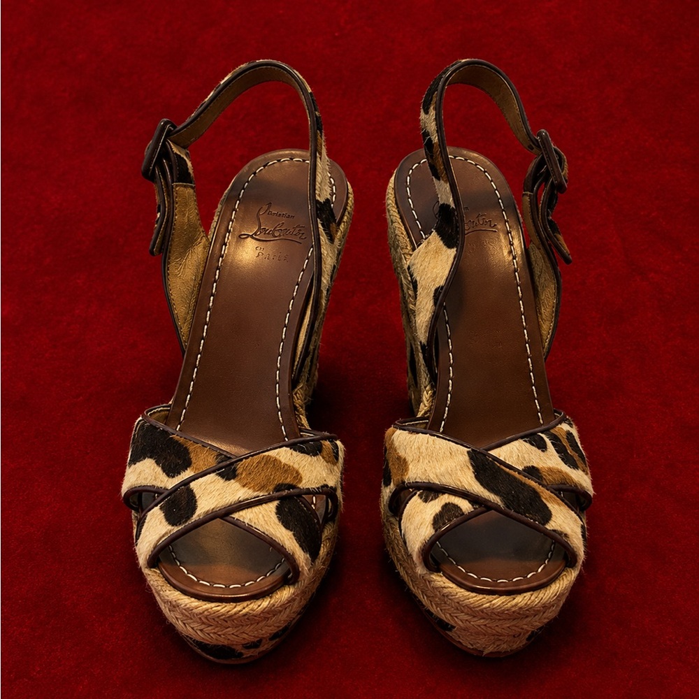 Christian Louboutin Leopard Print Espadrille Wedge Sandals - Brown/Tan/Black
